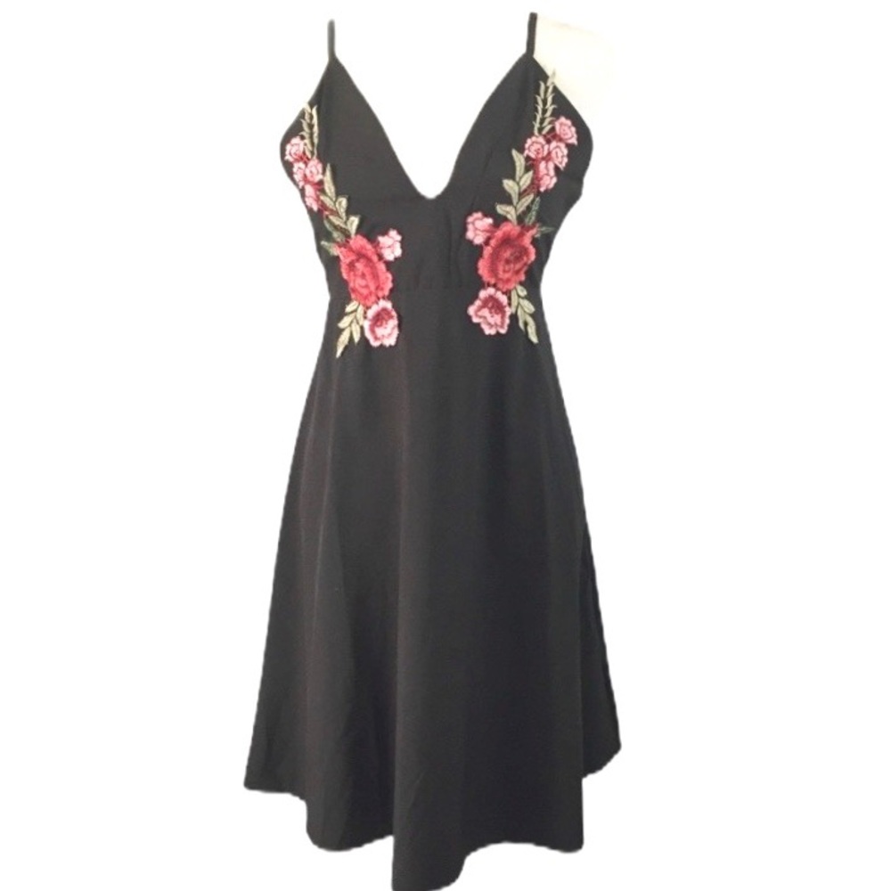 Rose embroidered fit & flare little black dress